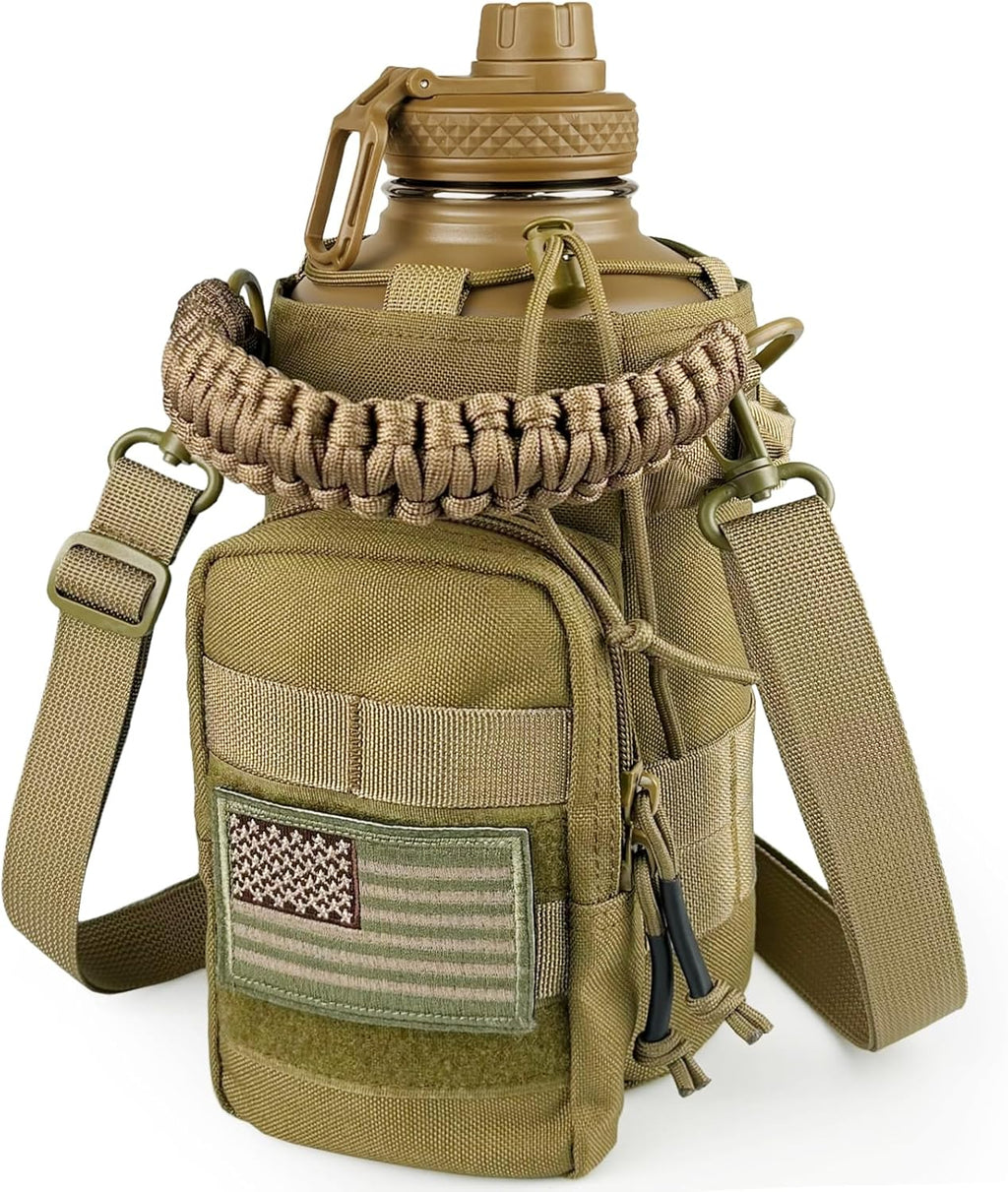 Half Gallon Water Bottle with Sleeve - 64 Oz Insulated Water Jug with Handle - Green Stainless Steel Sports Water Bottle for Gym Workout Hiking Tactical Bottle Holder with Pouch Khaki