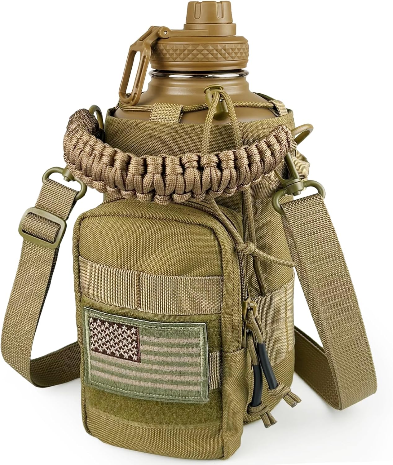 Half Gallon Water Bottle with Sleeve - 64 Oz Insulated Water Jug with Handle - Green Stainless Steel Sports Water Bottle for Gym Workout Hiking Tactical Bottle Holder with Pouch Khaki