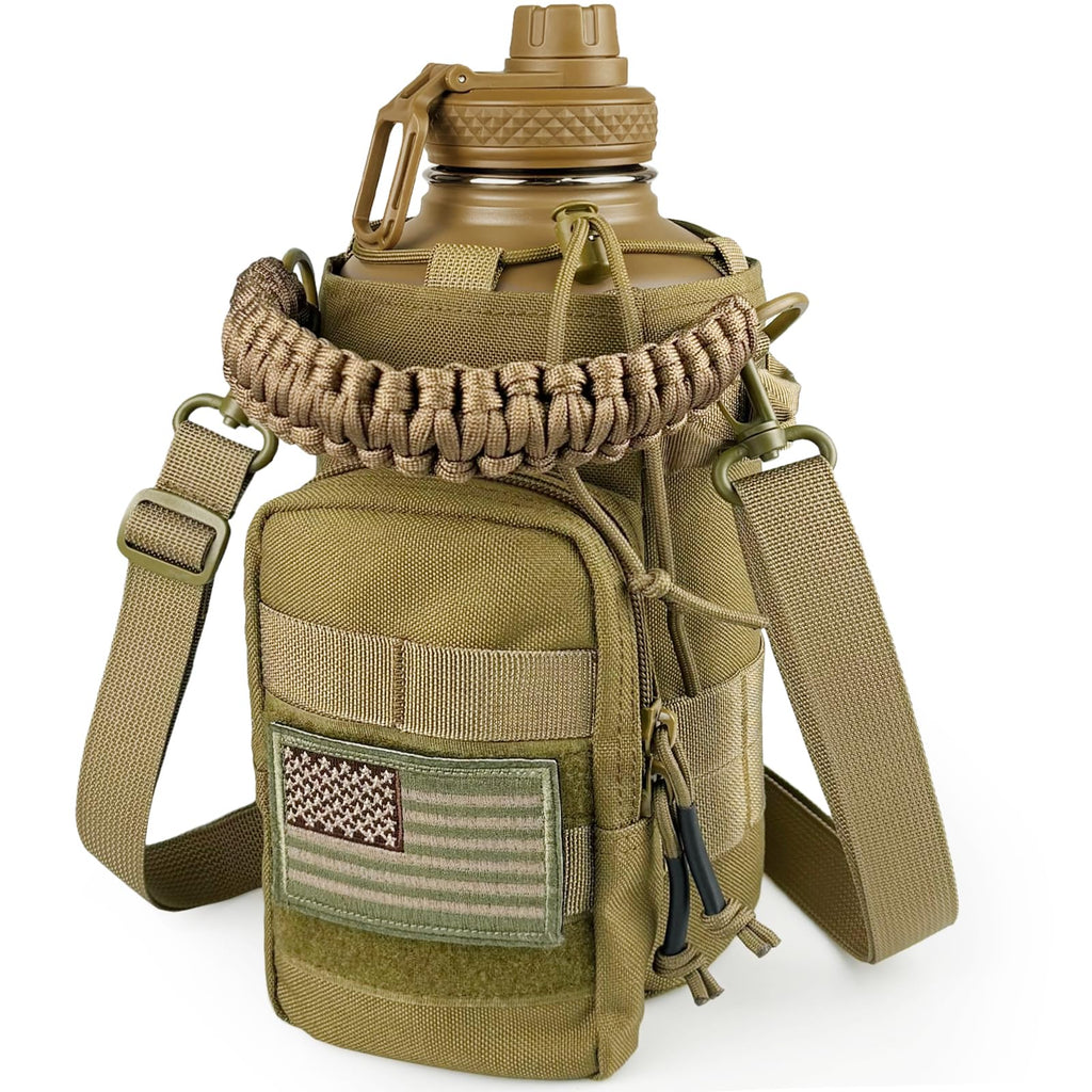 Half Gallon Water Bottle with Sleeve - 64 Oz Insulated Water Jug with Handle - Green Stainless Steel Sports Water Bottle for Gym Workout Hiking Tactical Bottle Holder with Pouch Khaki