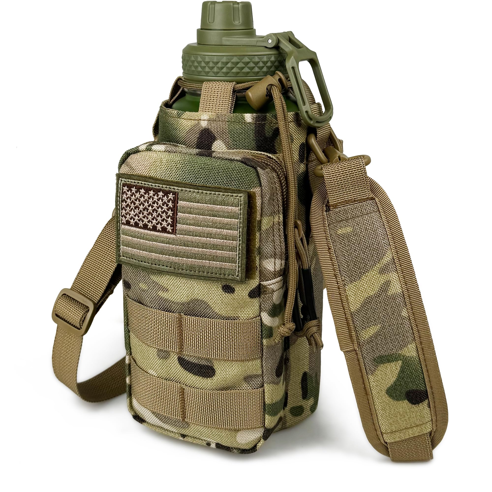 Half Gallon Water Bottle with Sleeve - 64 Oz Insulated Water Jug with Handle - Green Stainless Steel Sports Water Bottle for Gym Workout Hiking Tactical Bottle Holder with Pouch Khaki