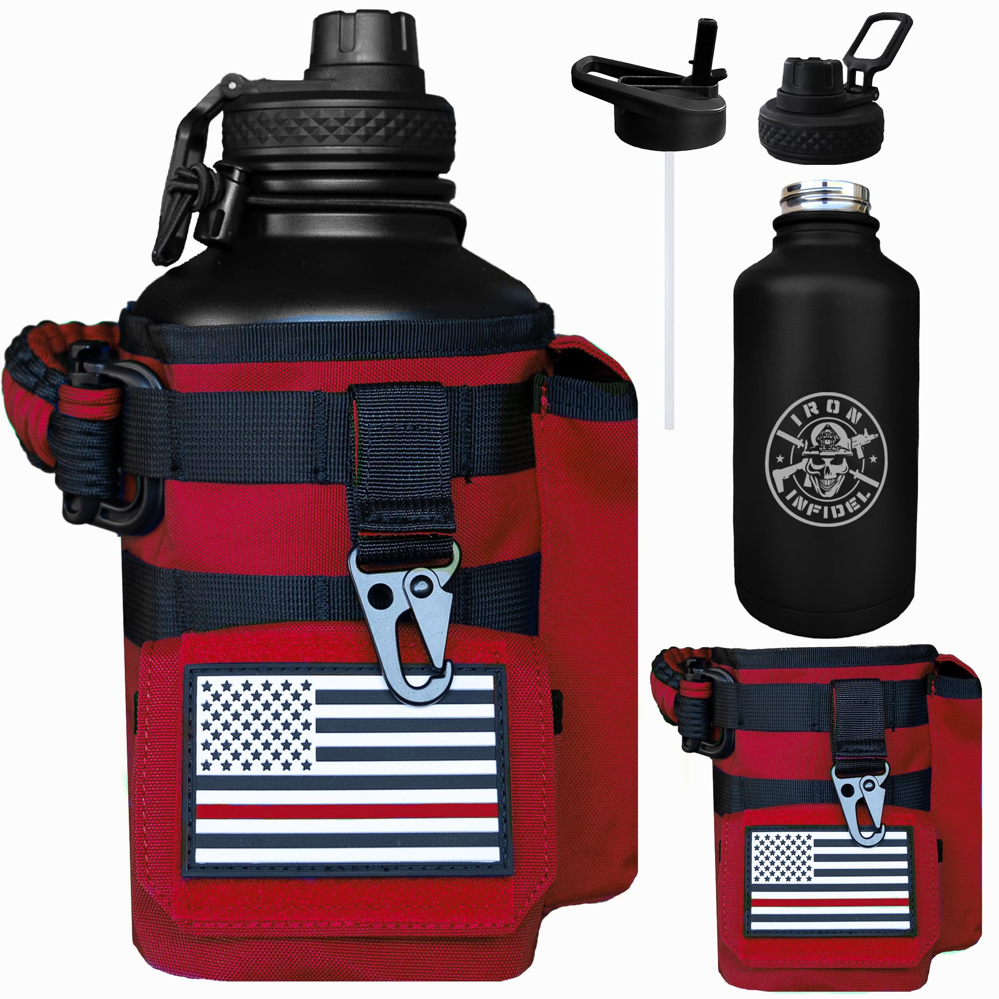 Iron Infidel Battle Bottle - Half Gallon Water Bottle Insulated, 64 oz Stainless Steel Water Jug with Handle - Gym Water Bottle for Men with Rugged Sleeve for Storage (Earned, Not Given 2 Liter)