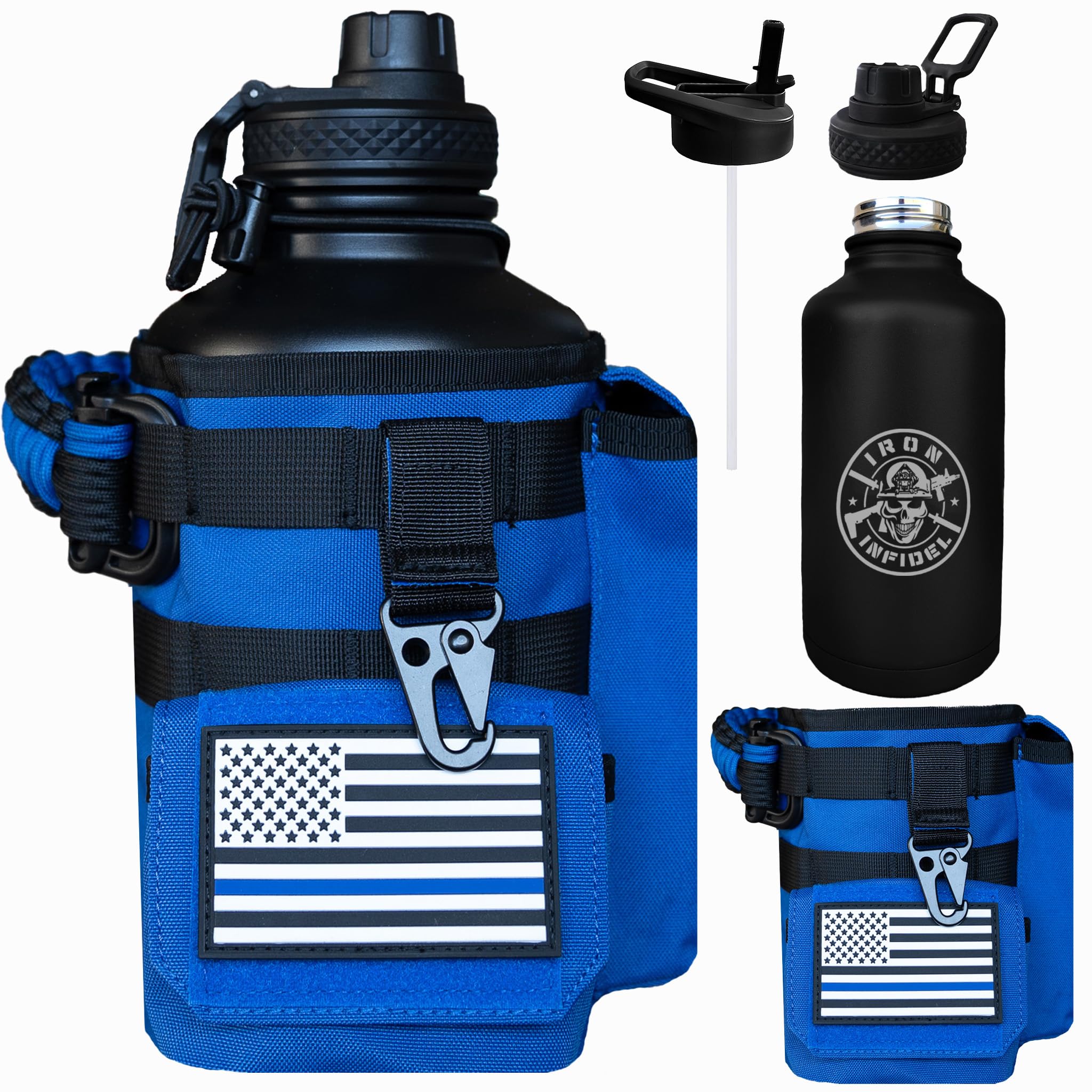 Iron Infidel Battle Bottle - Half Gallon Water Bottle Insulated, 64 oz Stainless Steel Water Jug with Handle - Gym Water Bottle for Men with Rugged Sleeve for Storage (Earned, Not Given 2 Liter)