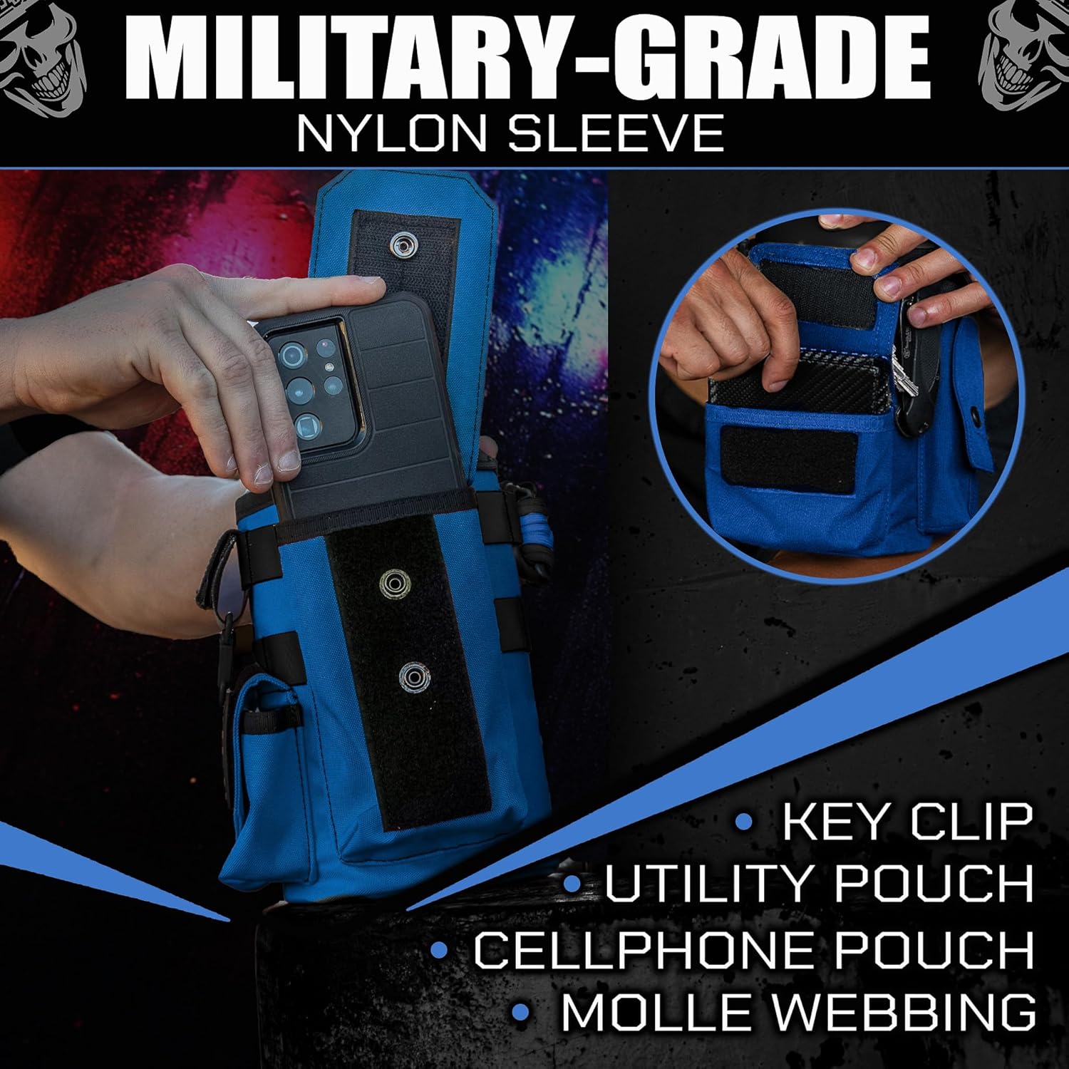 Iron Infidel Battle Bottle - Half Gallon Insulated Water Bottle with Paracord Handle, Large 64 oz Stainless Steel Water Jug with Rugged, Removable Sleeve for Keys, Wallet & Phone (Blue Line 2 Liter)