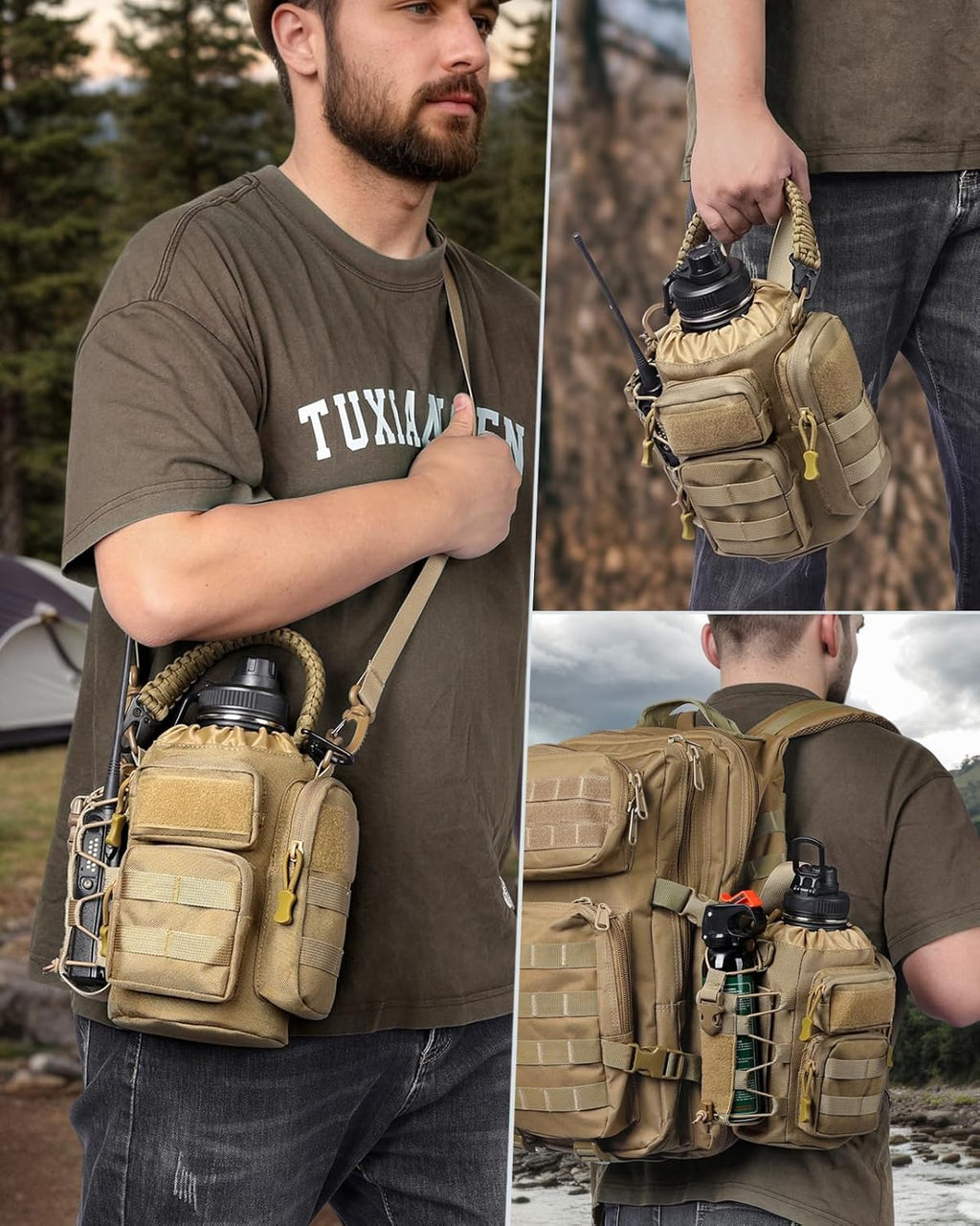 64 oz Insulated Water Bottle with Sleeve, Half Gallon Stainless Steel Tactical Water Jug Large Military Water Bottle with 3-IN-1 Pouch/3 Lids/Straw/Paracord Handle for Gym, Camping, Workout