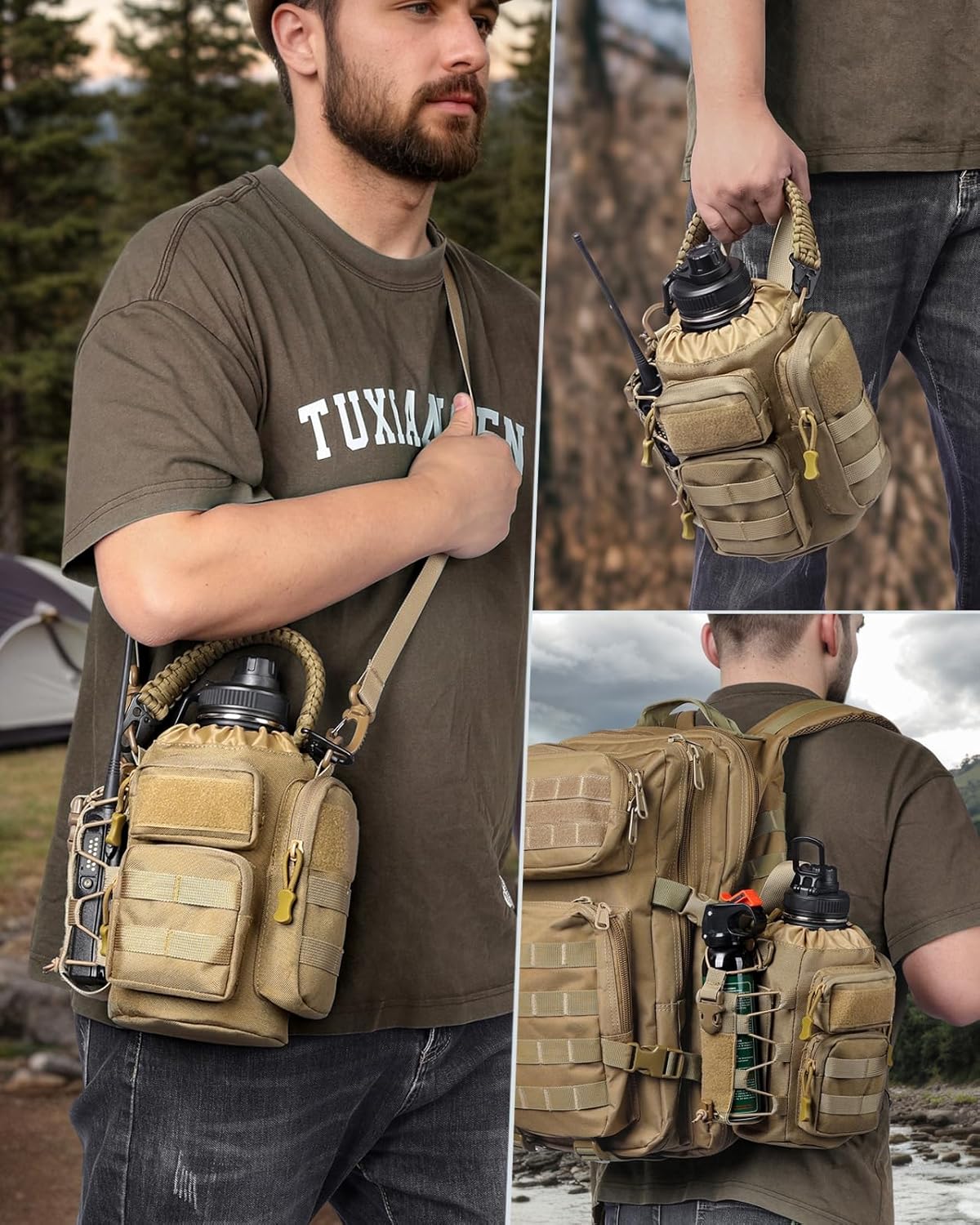 64 oz Insulated Water Bottle with Sleeve, Half Gallon Stainless Steel Tactical Water Jug Large Military Water Bottle with 3-IN-1 Pouch/3 Lids/Straw/Paracord Handle for Gym, Camping, Workout