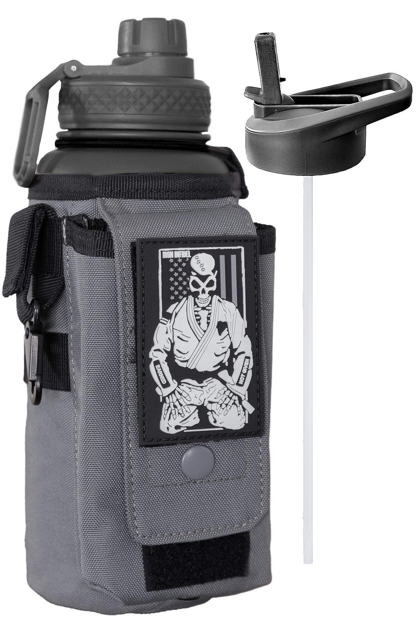 Iron Infidel Battle Bottle - Half Gallon Water Bottle Insulated, 64 oz Stainless Steel Water Jug with Handle - Gym Water Bottle for Men with Rugged Sleeve for Storage (Earned, Not Given 2 Liter)