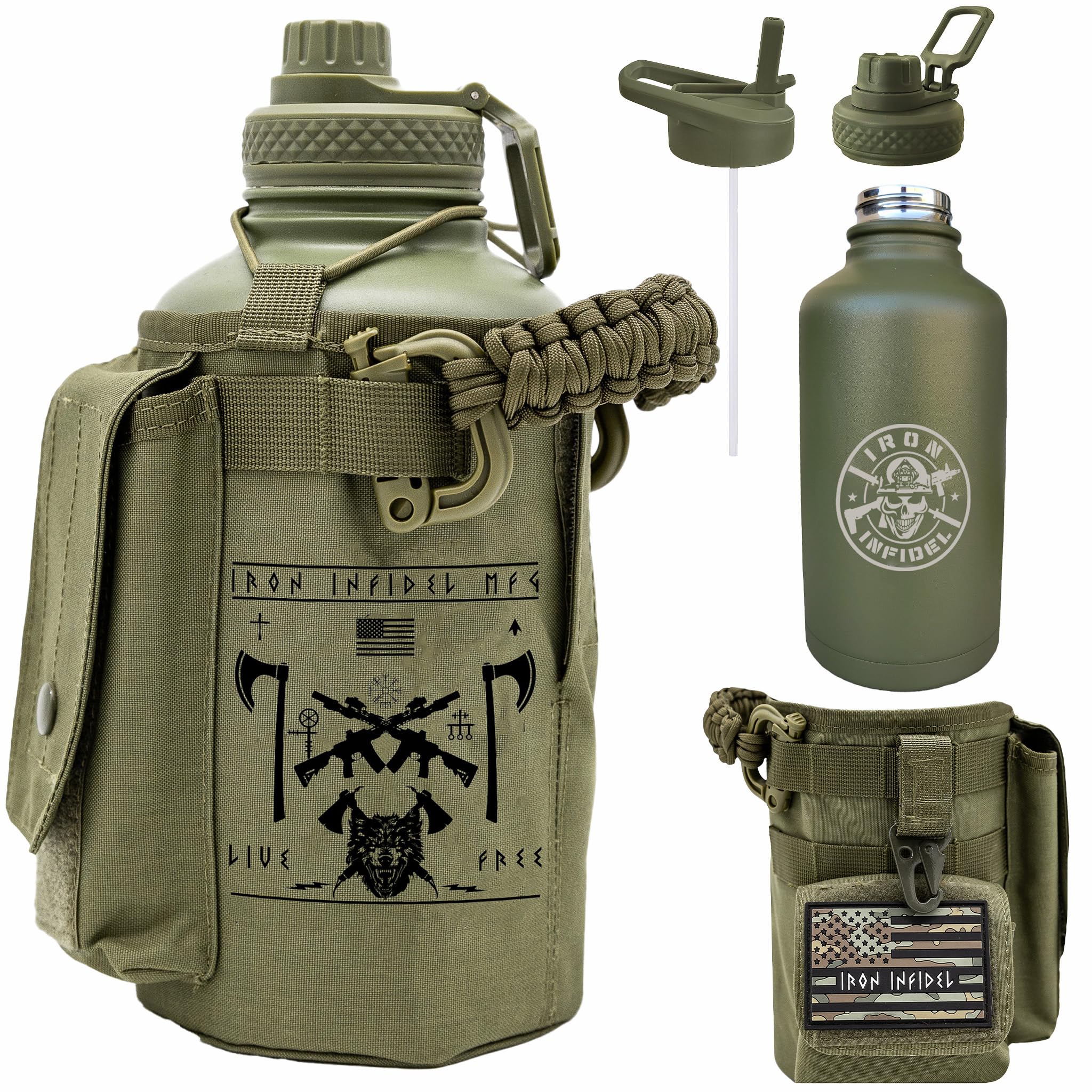 Iron Infidel Battle Bottle - Half Gallon Insulated Water Bottle with Paracord Handle, Large 64 oz Stainless Steel Water Jug with Rugged, Removable Sleeve for Keys, Wallet & Phone (Blue Line 2 Liter)
