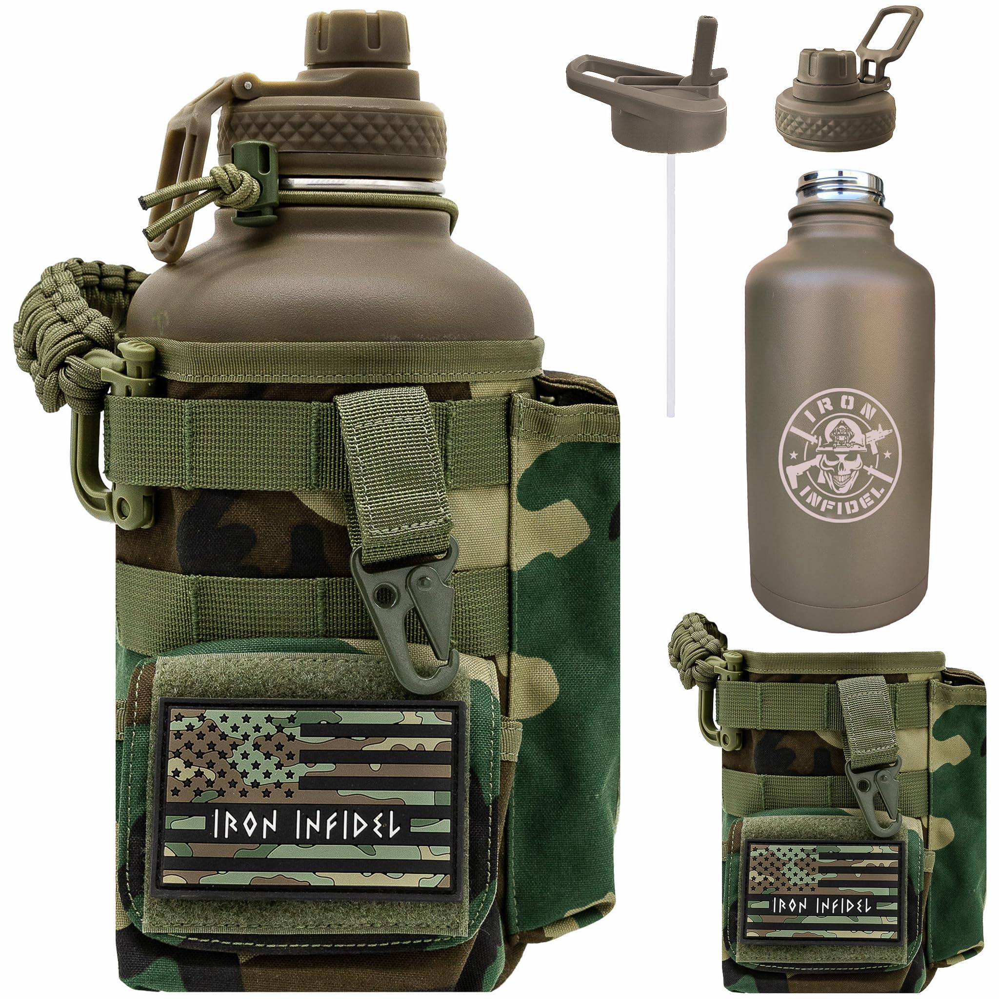 Iron Infidel Battle Bottle - Half Gallon Water Bottle Insulated, 64 oz Stainless Steel Water Jug with Handle - Gym Water Bottle for Men with Rugged Sleeve for Storage (Earned, Not Given 2 Liter)