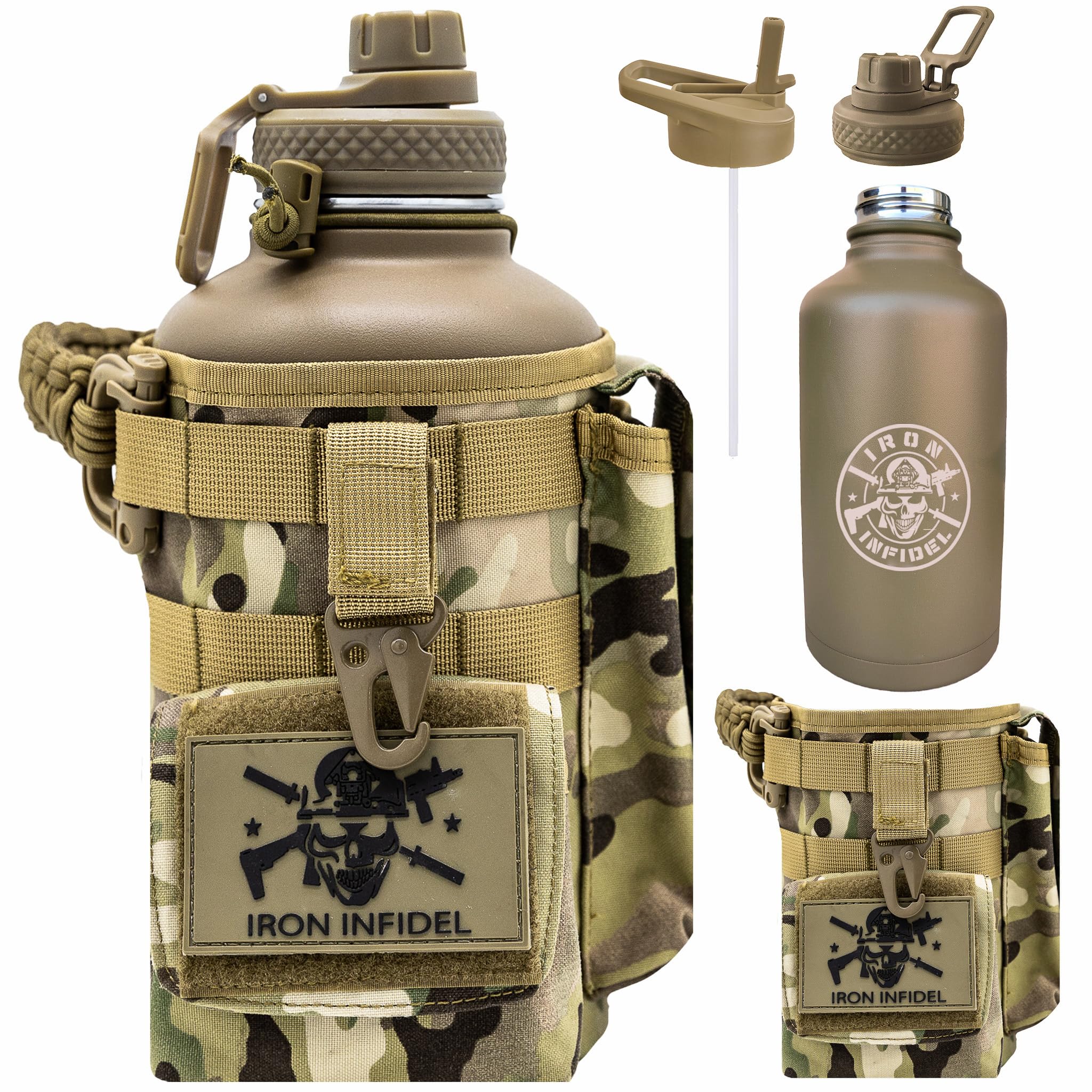 Iron Infidel Battle Bottle - Half Gallon Insulated Water Bottle with Paracord Handle, Large 64 oz Stainless Steel Water Jug with Rugged, Removable Sleeve for Keys, Wallet & Phone (Blue Line 2 Liter)
